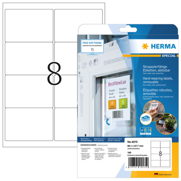 HERMA 4575, Valkoinen Mattakalvo, Itseliimautuva, 99,1 x 67,7 mm, 160 tarraa / 20 arkkia