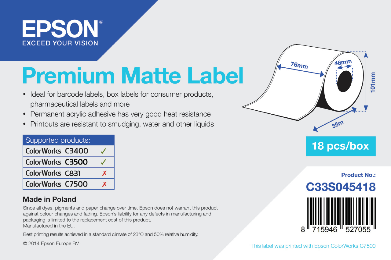 Epson C33S045418 Premium Continuos, 76 mm x 35 m