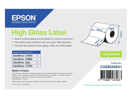 Epson C33S045541, High Gloss, Die-cut Roll 102mm x 152mm, 210 labels
