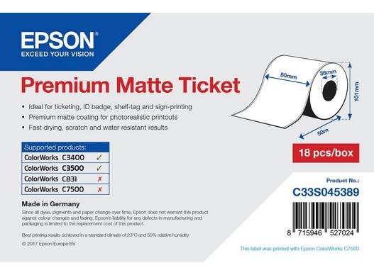 Epson C33S045389, Premium Matte Ticket Roll, 80mm x 50m