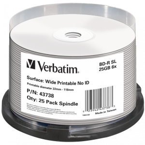 Verbatim 43738 inkjet-tulostettavat BD-R Blu-ray-levyt 25 GB, 6x, 25 levyn spindle