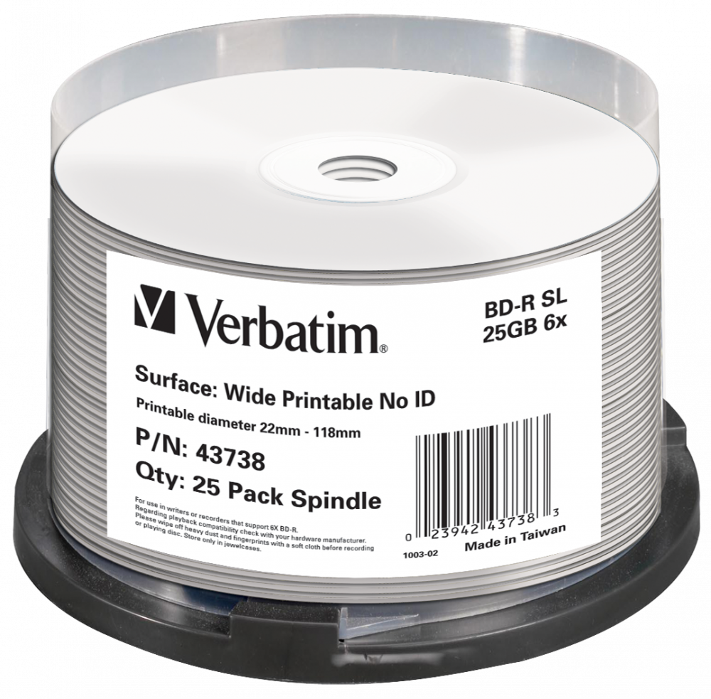 Verbatim 43738 inkjet-tulostettavat BD-R Blu-ray-levyt 25 GB, 6x, 25 levyn spindle