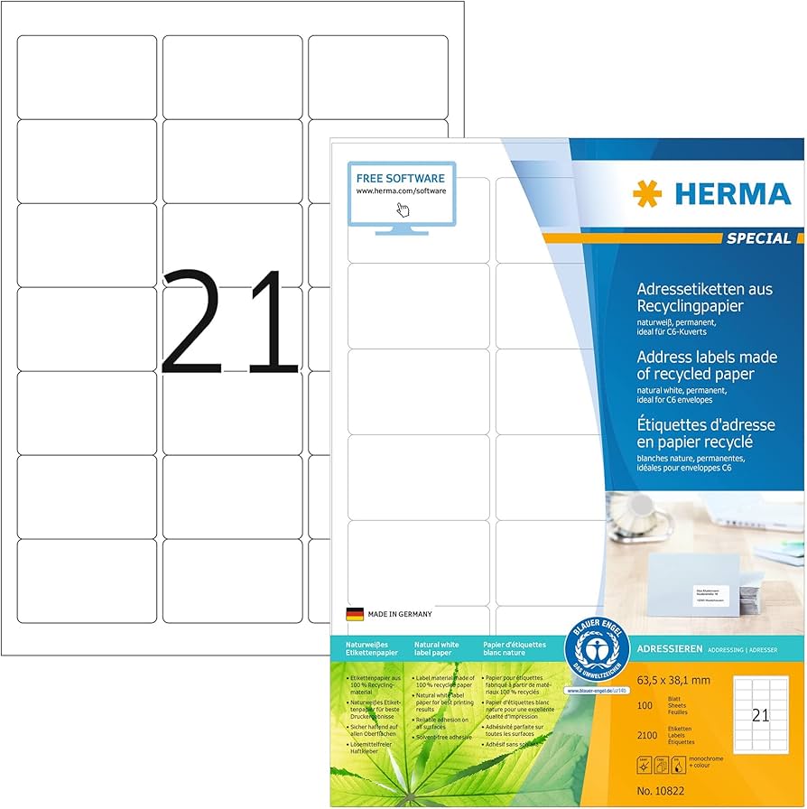 HERMA 10822, A4 Luonnonvalkoinen Kierrätettävä Tarra, 63,5 x 38,1 mm, 1680 tarraa / 80 arkkia