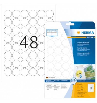 HERMA 4387, Pyöreä Valkoinen Irrotettava A4-tarra (30 mm) 1200 tarraa / 25 arkkia - Image 2