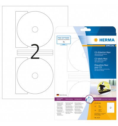 HERMA 5115, Pyöreä Valkoinen CD-tarra Ø 116 mm, 50 tarraa / 25 arkkia - Image 3