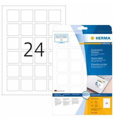 HERMA Irrotettavat A4-tarrat, 40x40 mm, Valkoinen Neliö 600 tarraa / 25 arkkia - Image 2