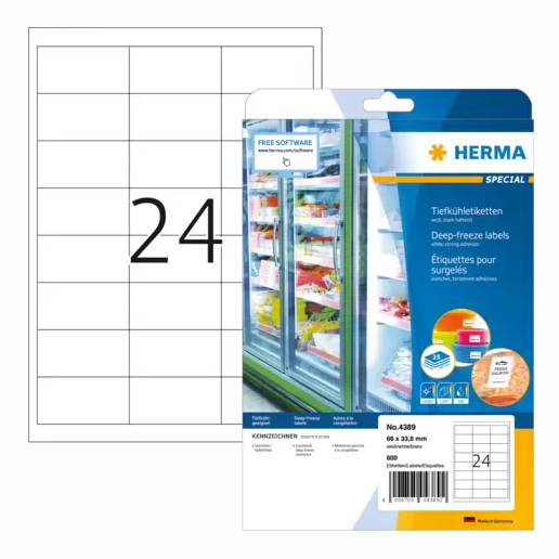 HERMA 4389, A4 Muotoiset Valkoiset Pakastustarrat 66 x 33,8 mm, 600 tarraa (25 arkkia)