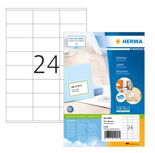 HERMA 4453, A4 Valkoinen Itseliimautuva Tarra 70 x 36 mm, 2400 tarraa / 100 arkkia
