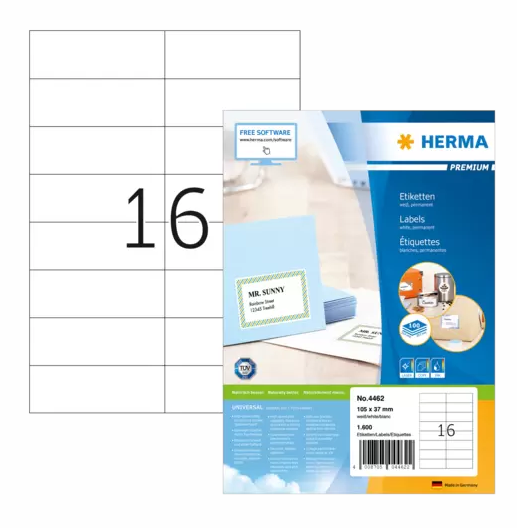 HERMA 4462, A4 Valkoinen Pysyvästi Kiinnittyvä Tarra 105 x 37 mm, 1600 tarraa / 100 arkkia