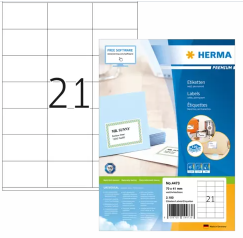 HERMA 4473, A4 Valkoinen Tarra 70 x 41 mm, 2100 kpl tarraa / 100 arkkia