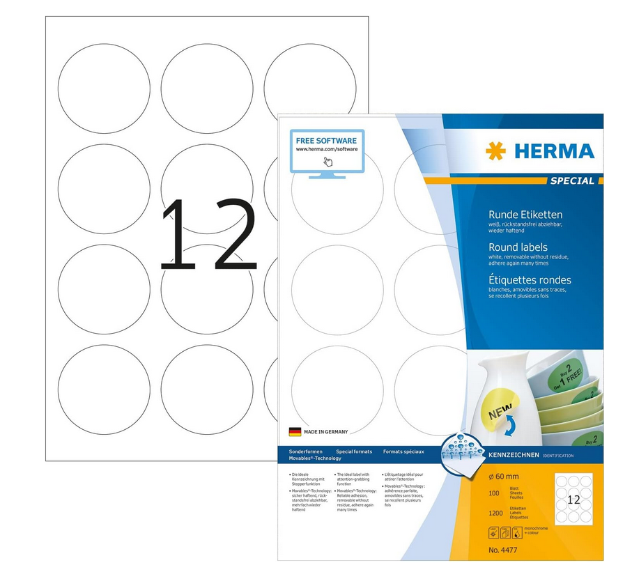 HERMA 4477, A4 Valkoinen Irrotettava Tarra 60 mm, 1200 kpl / 100 arkkia