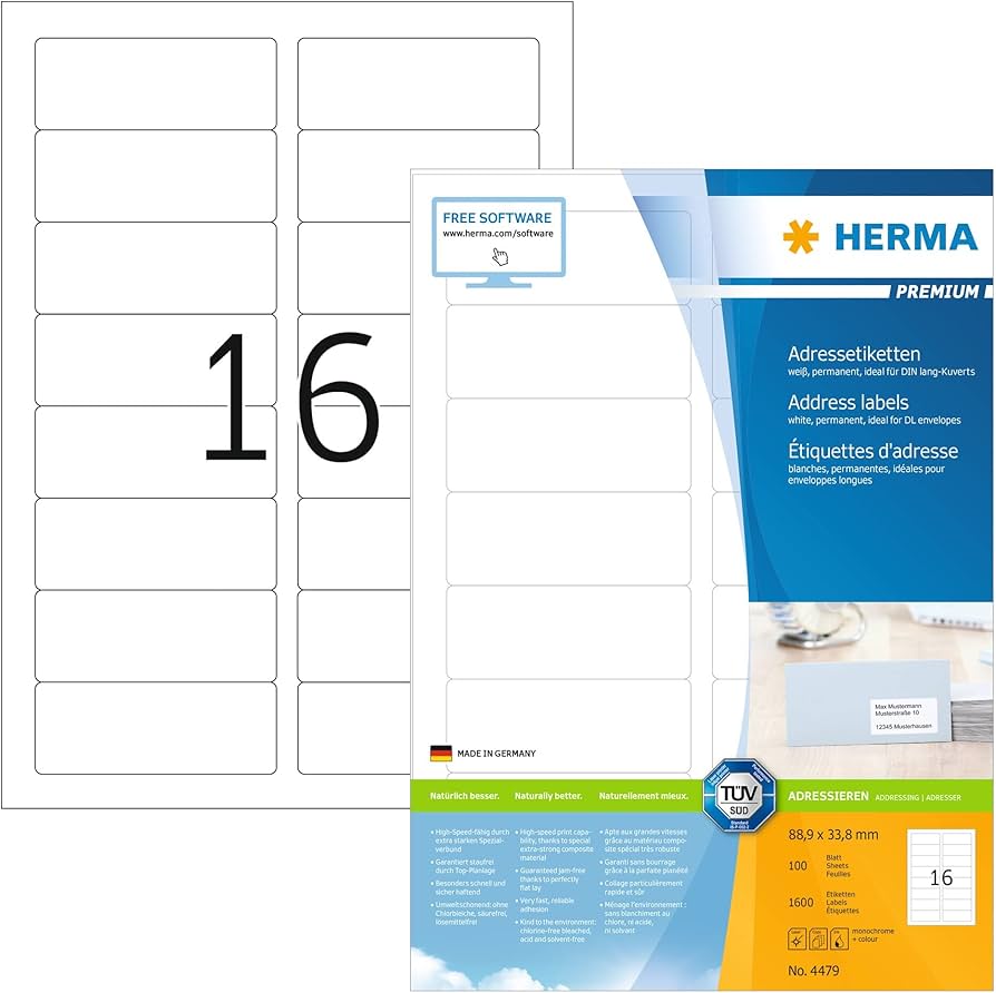HERMA 4479, A4 Valkoinen Pysyvä Tarra 88,9 x 33,8 mm, 1600 tarraa / 100 arkkia