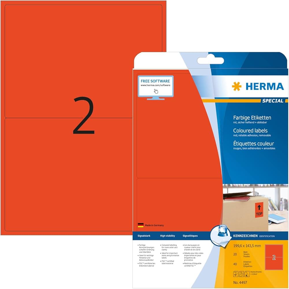 HERMA 4497, A4 Punaiset Itseliimautuvat Tarrat 105 x 42,3 mm, 280 tarraa / 20 arkkia