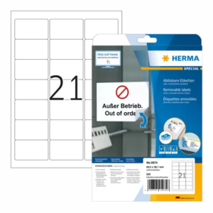 HERMA 5074, Valkoinen Irrotettava A4-tarra 63,5 x 38,1 mm, 525 tarraa / 25 arkkia