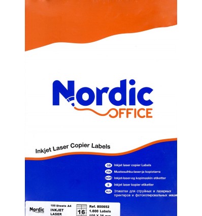Nordic Office, 800652, 105 x 35 mm, Valkoiset A4-etikettitarrat, 100 arkkia, 1600 tarraa / pkt