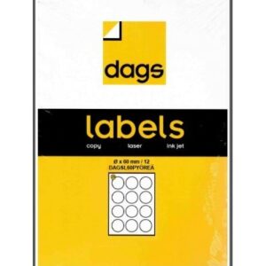 Dags DAGSL60PYOREA, Etiketti, Pyöreä 60mm, Valkoinen A4-arkki, 12 etikettiä/arkki