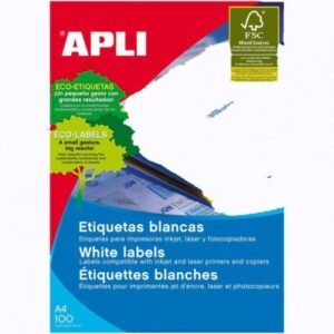APLI Suurikokoinen A4-etikettitarra, Valkoinen Kierrätettävä 199,6 x 289,1 mm, 100 arkkia