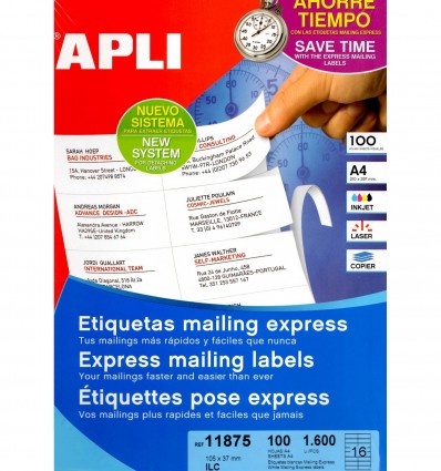APLI 11875, Valkoiset tarrat, A4, 105 x 37 mm, 100 arkkia, 1600 tarraa / pkt