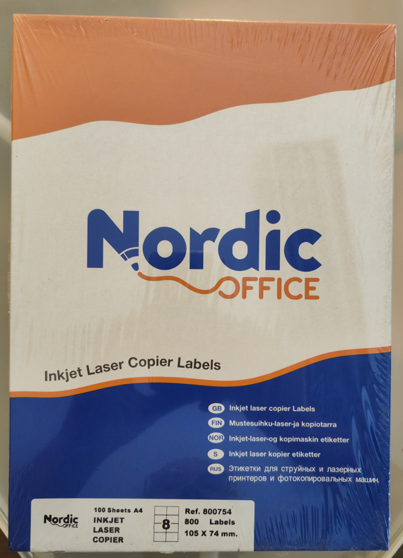 Nordic Office 800754, A4-etikettitarra 105 x 74 mm, 8 etikettiä/arkki, 800 tarraa/pakkaus