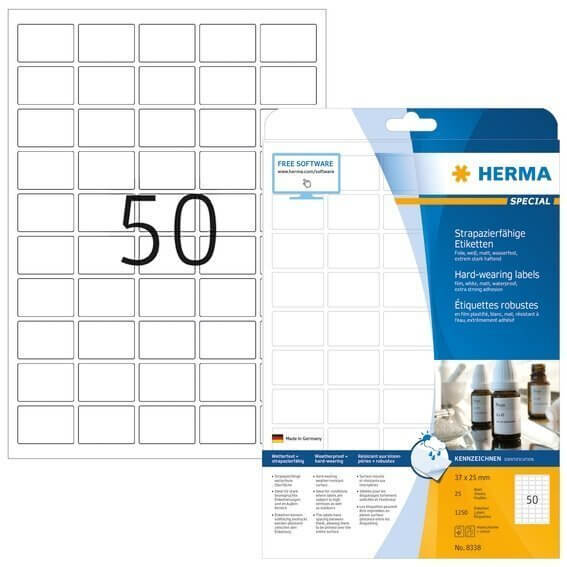 HERMA 8338, A4 Valkoinen Mattakalvo Tarra 37 x 25 mm, 1250 tarraa / 25 arkkia - Image 2
