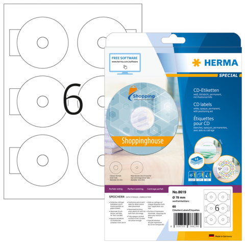 HERMA 8619, A4-tarra Ø 78 mm, Valkoinen Peittävä, 60 tarraa / 10 arkkia
