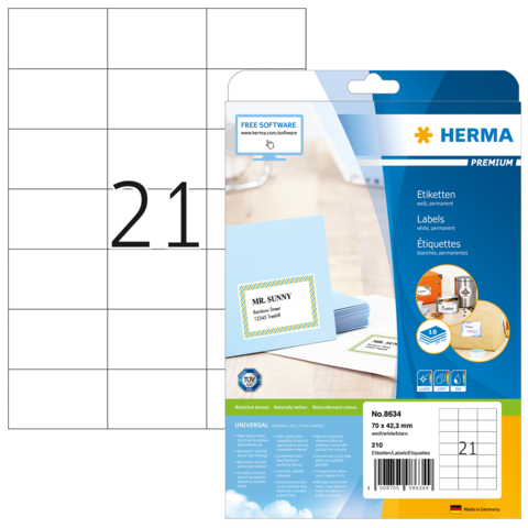 HERMA 8634, A4 Valkoinen Pysyvä Tarrat 70 x 42,3 mm, 210 tarraa / 10 arkkia
