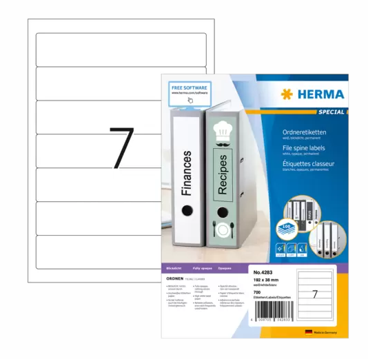 HERMA 4283, A4 Valkoinen Itseliimautuva Selkätarra 192 x 38 mm, 700 tarraa / 100 arkkia