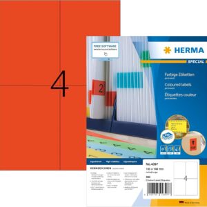 HERMA 4397, A4 Punaiset Varoitus- ja Muistitarra 105 x 148 mm, 400 tarraa / 100 arkkia