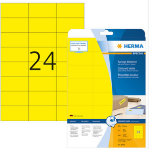 HERMA 4466, A4 Keltainen Itseliimautuva Varoitus- ja Muistio Tarra 70 x 37 mm, 480 tarraa / 20 arkkia
