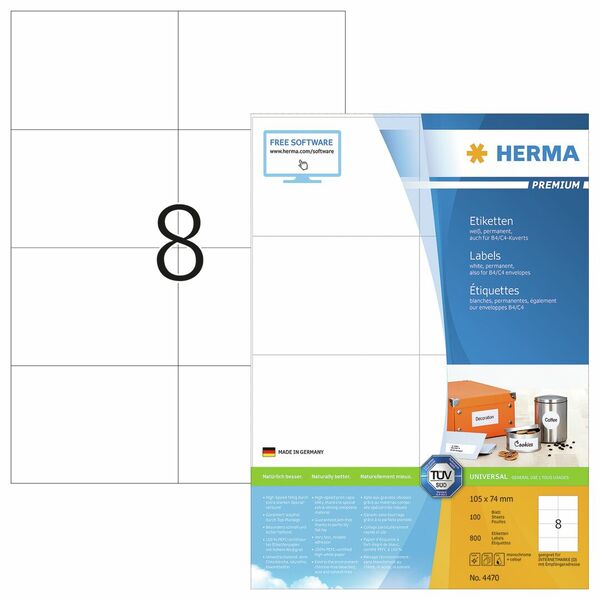 HERMA 4470, A4 Valkoinen Tarrapaketti 105 x 74 mm, 800 Tarrat / 100 Arkkia - Image 2
