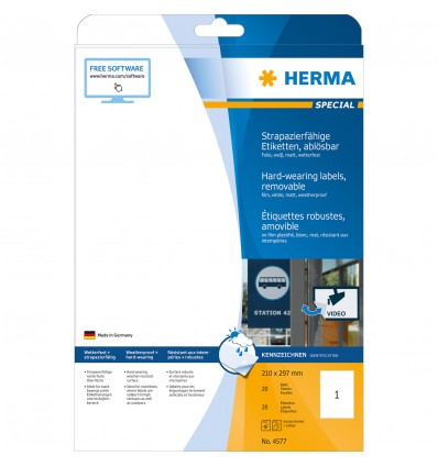 HERMA 4577, A4 Valkoinen Säänkestävä Irrotettava Mattakalvotarra 210 x 297 mm, 20 tarraa / 20 arkkia - Image 6