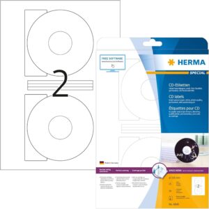 HERMA 4849, A4-tarrat, Valkoinen, CD-levymerkintä, Ø 116 mm (sisäreikä Ø 41 mm), 200 tarraa / 100 arkkia.