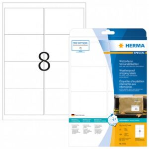 HERMA 8331, A4-tarrat, Valkoinen Polyesteri, Kestävä Lähetystarra, 99,1 x 67,7 mm, 200 tarraa / 25 arkkia