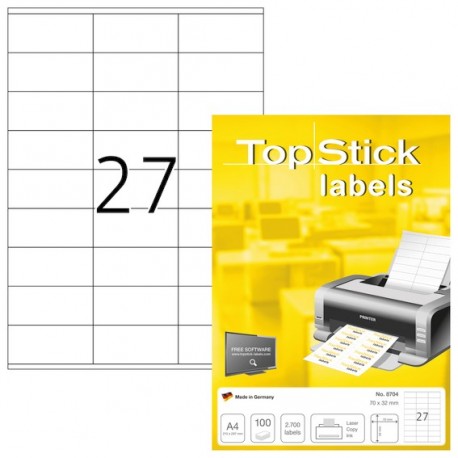 Labels Topstick 70x32mm (100), A4-arkkia. 27 tarraa arkkia kohti. 2700 etikettiä per pakkaus. - Image 2