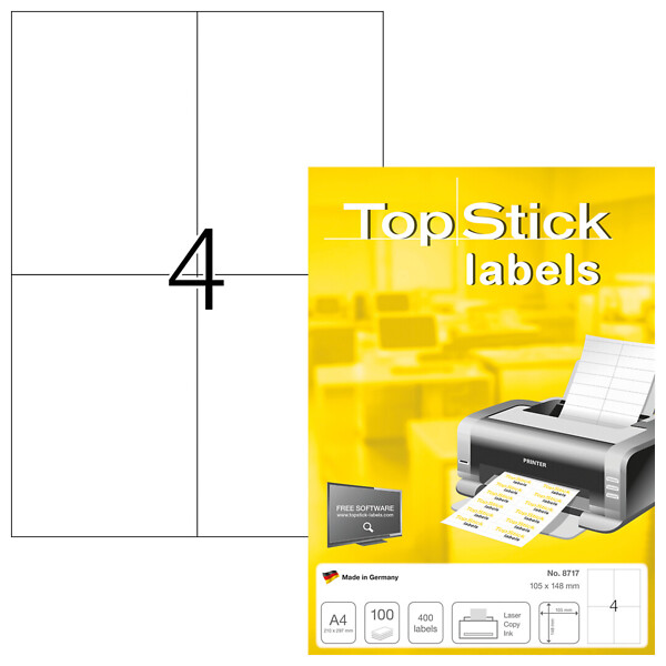 Top Stick 8717 tulostintarra Valkoinen Itse kiinnittyvä, Tarran leveys: 10,5 cm, Tarran korkeus: 14,8 cm. Tarroja per pakkaus: 400 kpl, Etikettejä per arkki: 4 kpl - Image 2