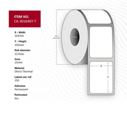 Zebra 3016407-T - Z-Perform 1000D, 102 mm x 192 mm, Direct Thermal, Uncoated Paper, Core 25 mm Label