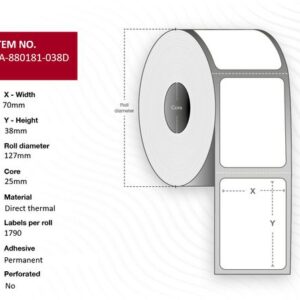 Zebra 880181-038D - Z-Perform 1000D, 70 mm x 38 mm, Direct Thermal, Uncoated Paper, Core 25 mm Label