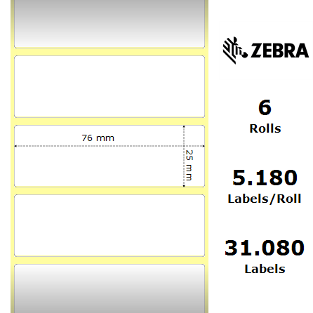Zebra 3011701 - White PolyE 3100T, 76 mm x 25 mm, Thermal Transfer, Glossy Polyethylene, Core 76 mm Label