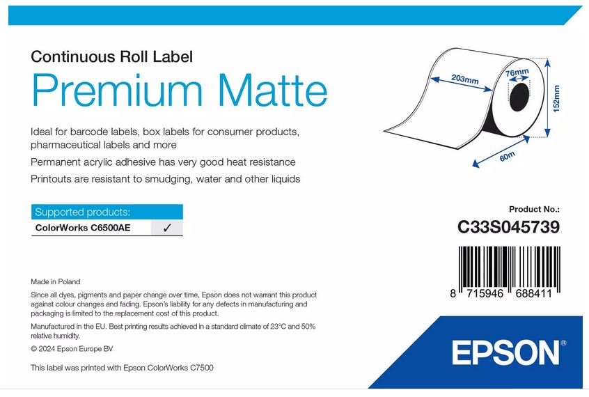 Epson Pos C33S045739, Smooth Matte Label, Continuous Roll, 203mm x 60m