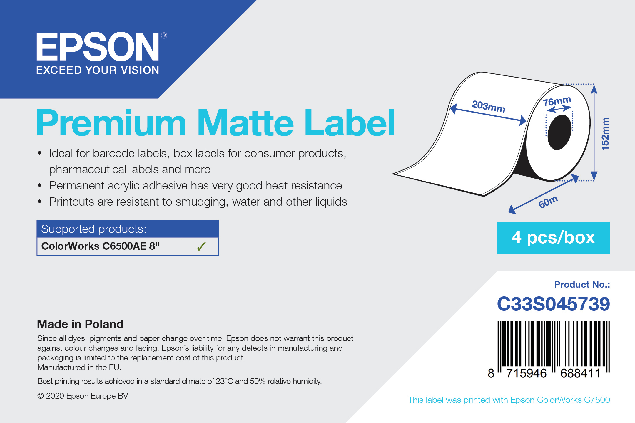 Epson Pos C33S045739, Smooth Matte Label, Continuous Roll, 203mm x 60m - Image 2