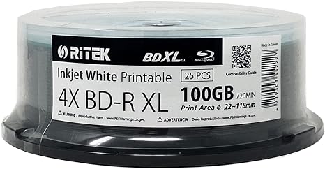 Ritek BD-R XL BDXL 100GB arkistointiluokka kolmikerroksinen 4X valkoinen mustesuihkutulostettava (rajoitettu saatavuus)