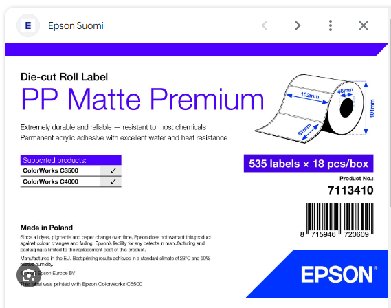 Epson Pos 7113410 PP, Matte Label Premium, Die-cut Roll, 102 mm x 51 mm, 535 Labels - Image 3