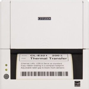 Citizen CLE321XEWXXX, Etikettitulostin, Suoralämpö, Lämpösiirto, Musta, POS-leikkurilla, LAN/USB/Sarjaportti