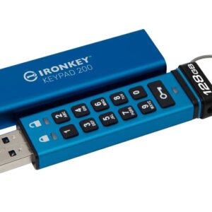 Kingston IKKP200/128GB, Technology IronKey Keypad 200 USB-muisti 128 GB USB A-tyyppi 3.2 Gen 1 (3.1 Gen 1) Sininen