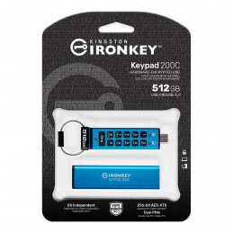 Kingston IKKP200C/512GB, Technology IronKey Keypad 200 USB-muisti 512 GB USB Type-C 3.2 Gen 1 (3.1 Gen 1) Sininen