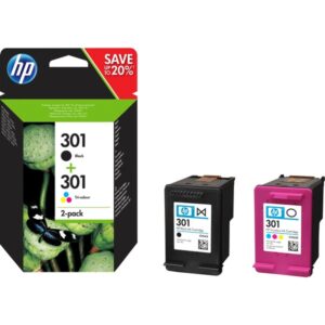 HP N9J72AE, Alkuperäinen 301, Musta/Kolmiväri-yhdistelmäpakkaus Mustevärikasetit