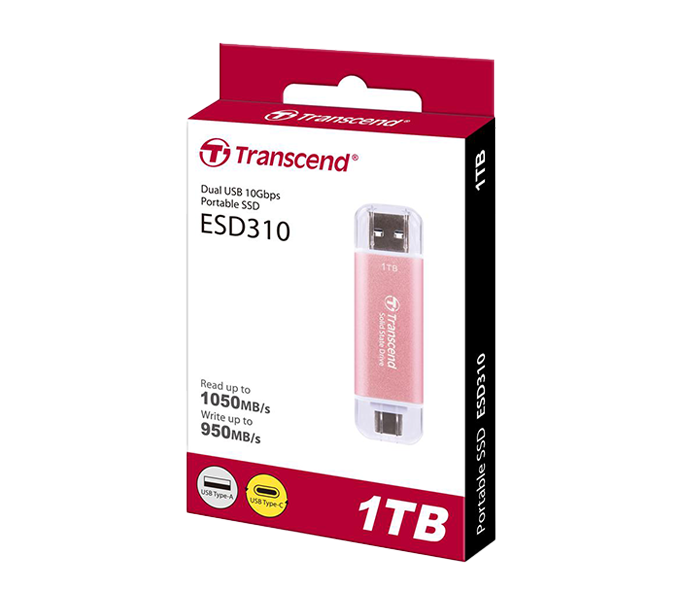 TRANSCEND TS1TESD310P, 1TB,USB EXTERNAL SSD, ESD310P, USB 10GBPS, TYPE C/A,PINK