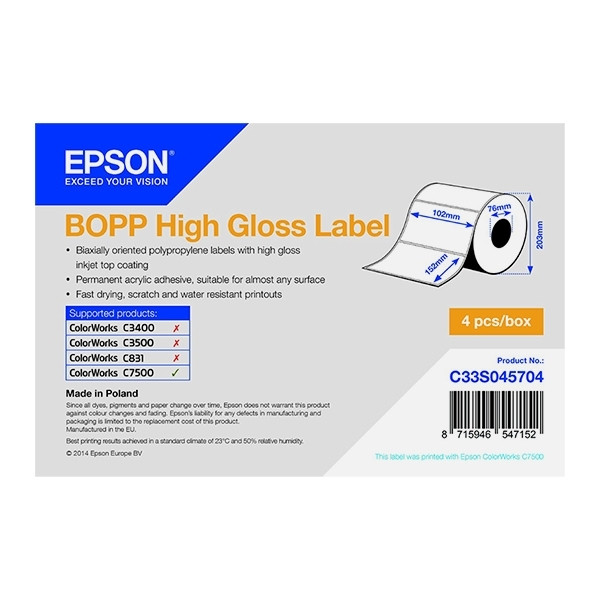 Epson C33S045704, 102mm x 152mm, BOPP High Gloss Label, C7500G Inkjet -tulostimelle