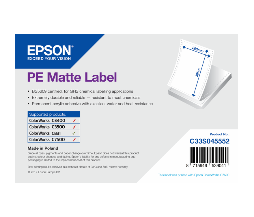 Epson C33S045552 Matte Polyethylene Fanfold Labels 203 x 305 mm – Korkealaatuiset Mattapintaiset Polyeteenitarrat Vaativiin Tulostustarpeisiin
