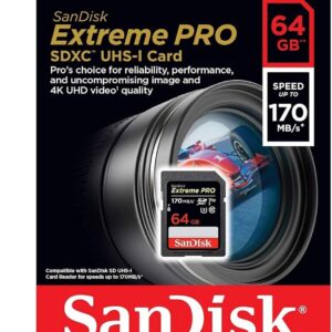 SANDISK SDSDXV2-064G-GNCIN, Extreme 64GB SDXC Card + 1 year RescuePRO Deluxe 170MB/s read 80MB/s write UHS-I C10 V30 U3